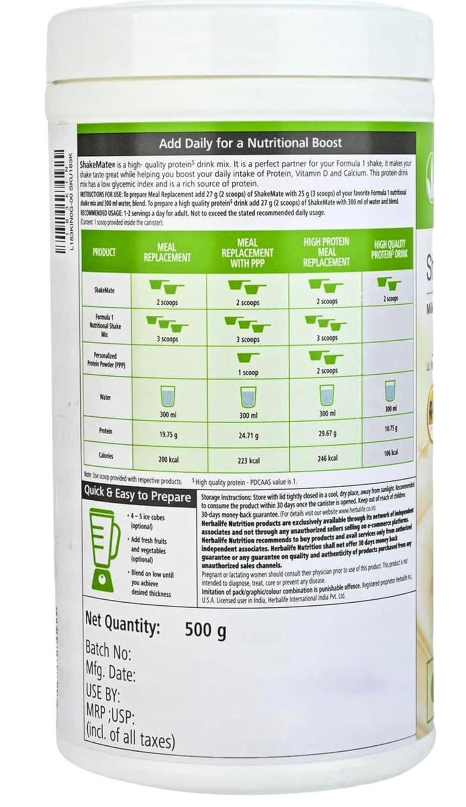 Herbalife Shakemate Vanilla – Protein-Rich, Low-Fat Delicious Add-On for Formula 1 Shake – 500g