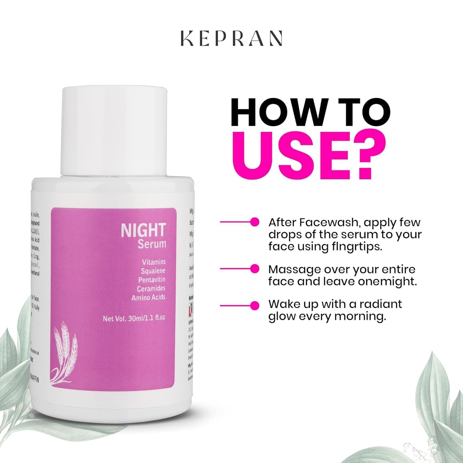 Night Serum with Vitamins, Squalene, Ceramides, Amino Acids, 30ml