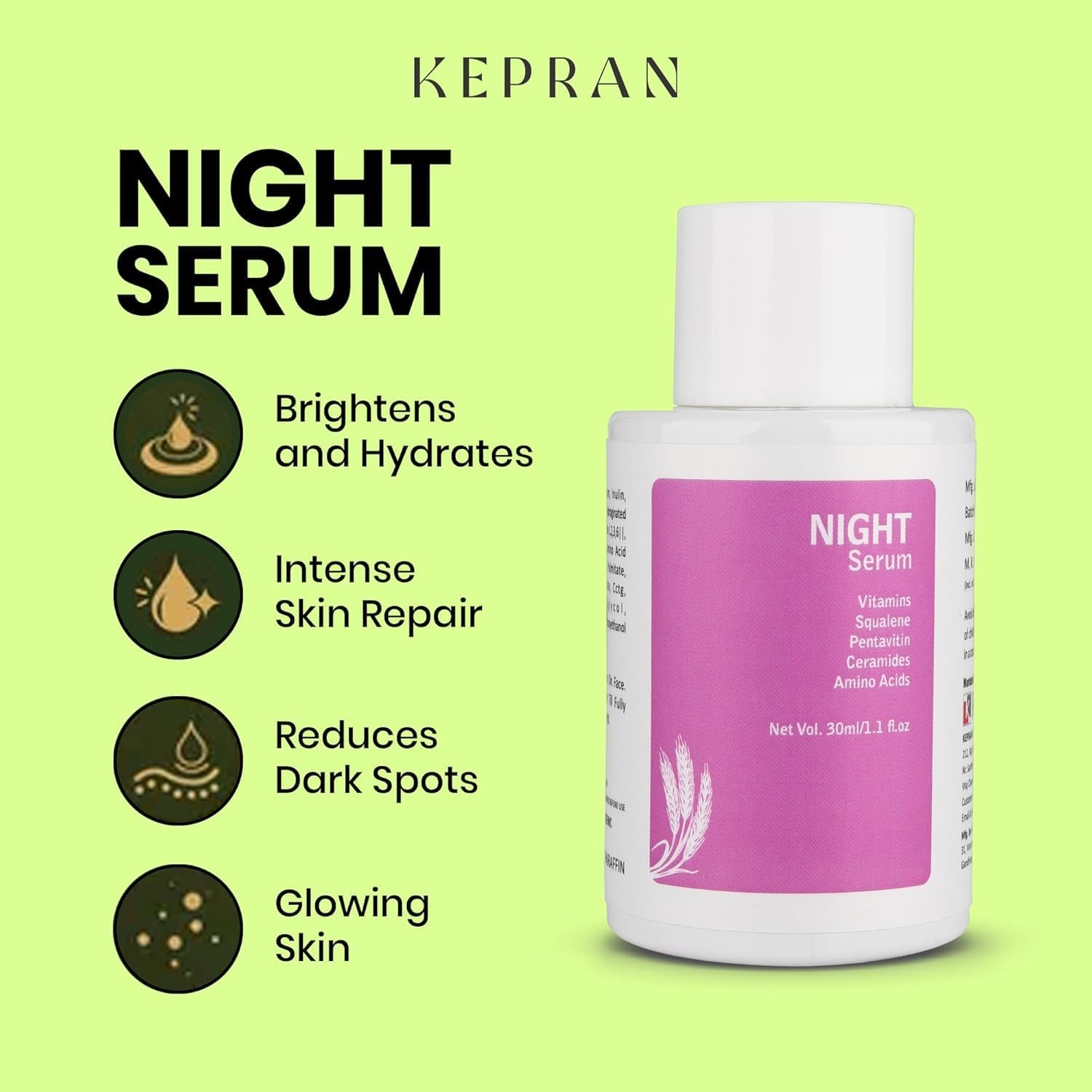 Night Serum with Vitamins, Squalene, Ceramides, Amino Acids, 30ml