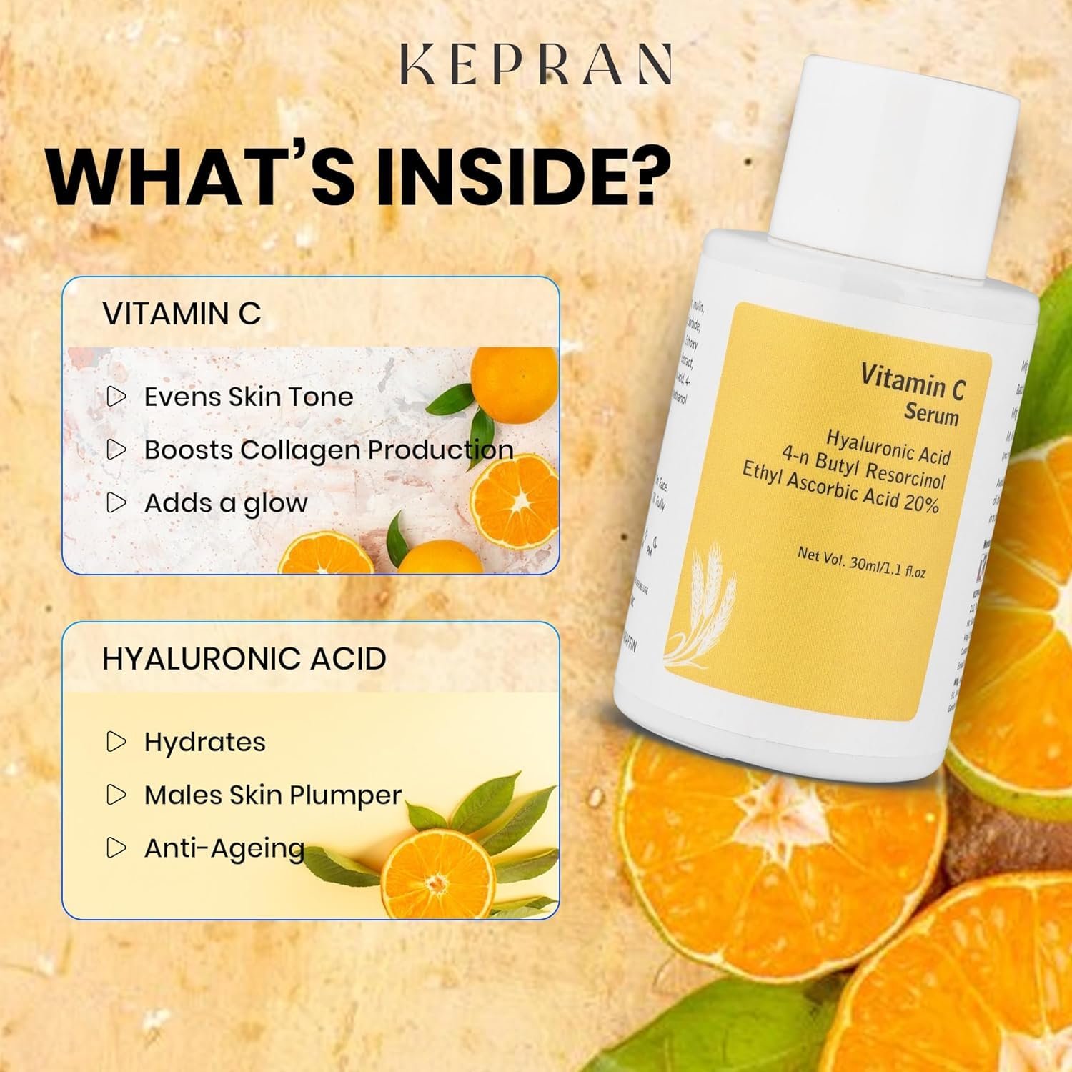 Vitamin C Serum with 20% Ethyl Ascorbic Acid, Hyaluronic Acid, 30ml